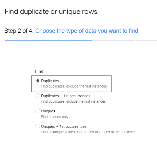 Select Duplicates option in Step 2