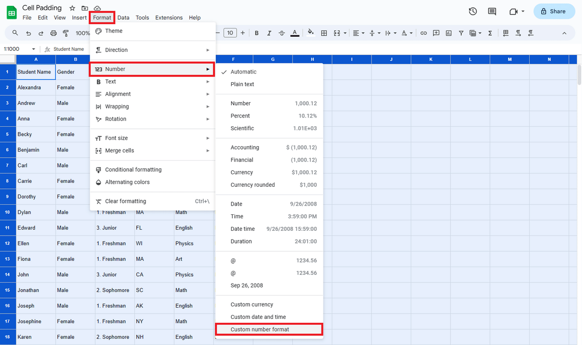 Google Sheets format option—custom number format