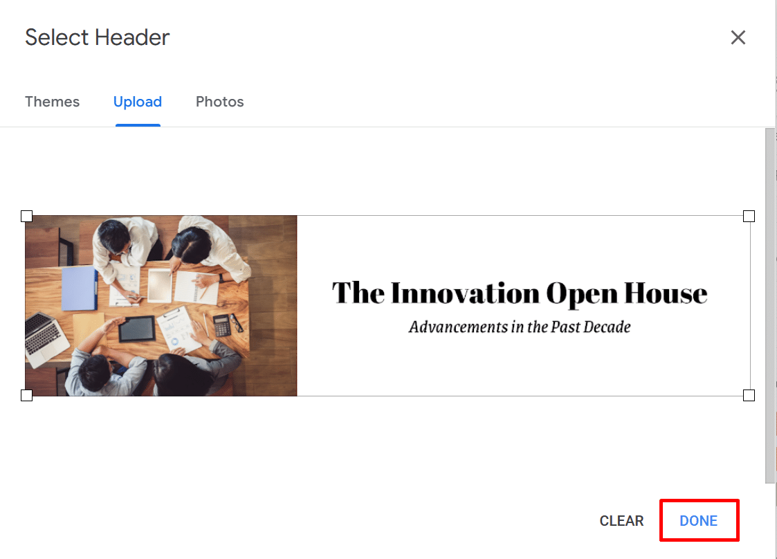 Adjusting a header image and clicking "Done"