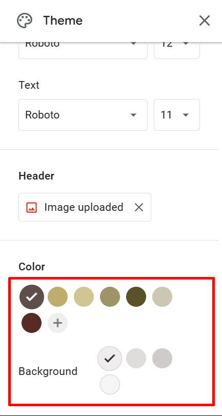 The theme colors menu in Google Forms