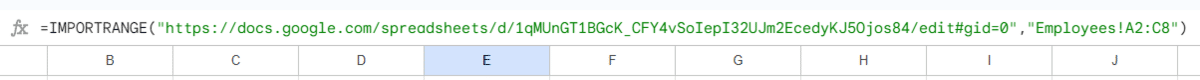 IMPORTRANGE function with employees workbook example.