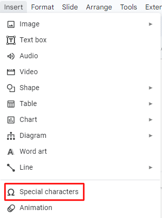 How to insert special characters in Google Slides