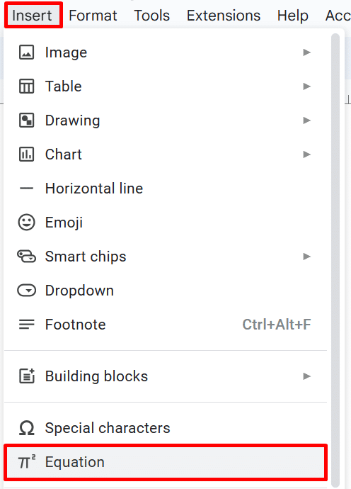 Where to find the Equation option in Google Docs
