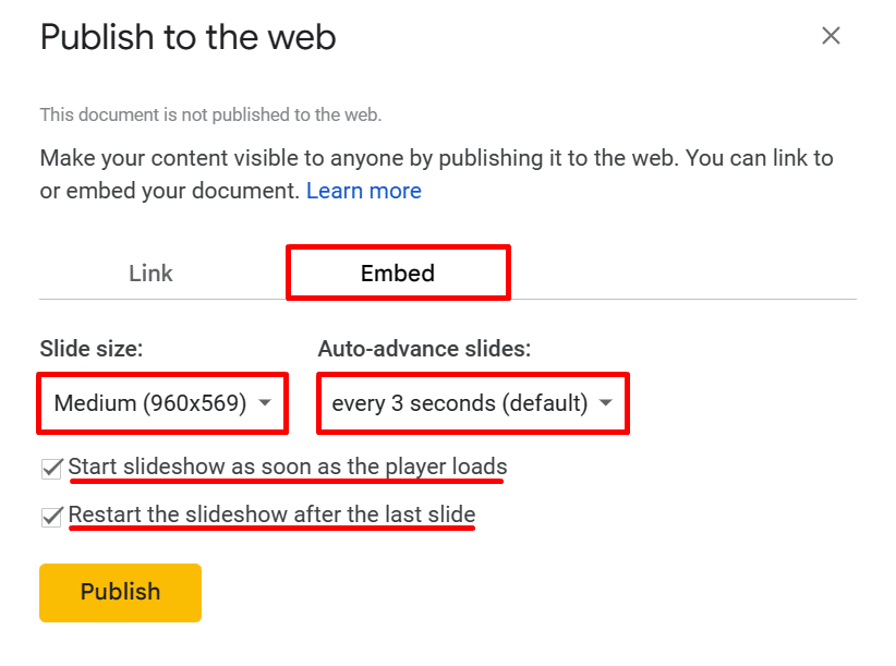 Publishing a Google Slides presentation using an embed code