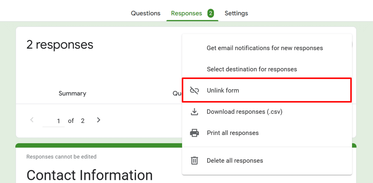 Where to find the "Unlink form" option in Google Forms