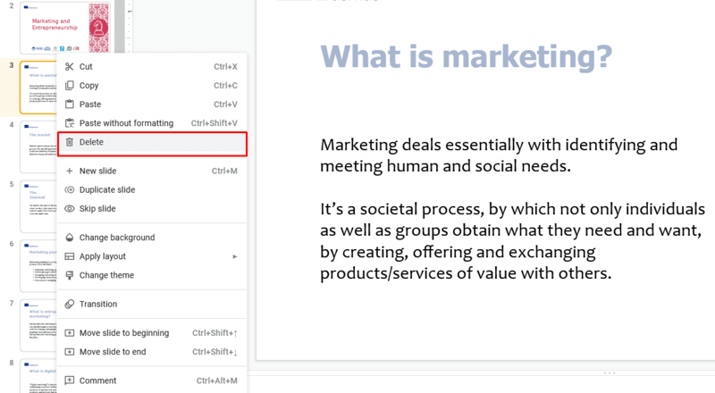 How to delete a slide on Google Slides—delete a slide by left clicking