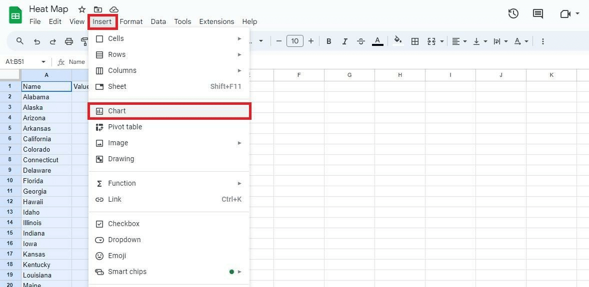 How to navigate to Insert > Chart to create a Geo map.