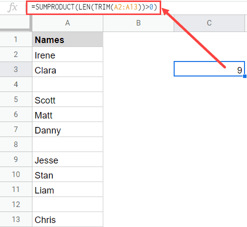 SUMPRODUCT formula to count cells if not blank