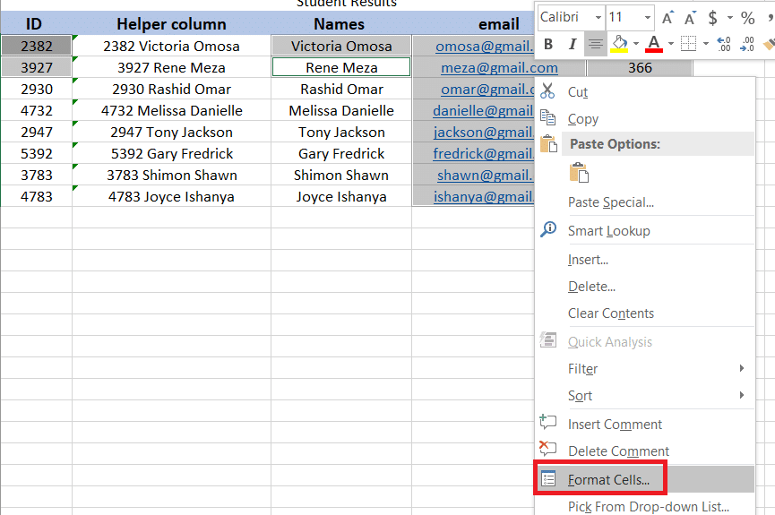 Select format cells