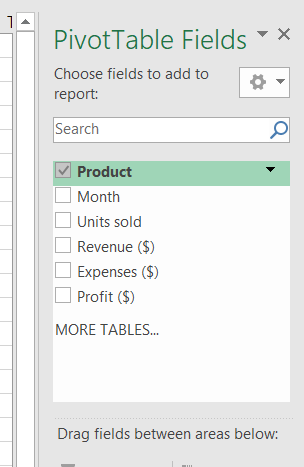 Pivot table fields menu in Excel