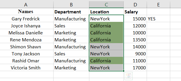 Highlighted cells in Excel