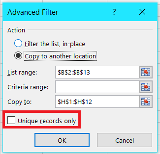 Check the unique records only box in Excel