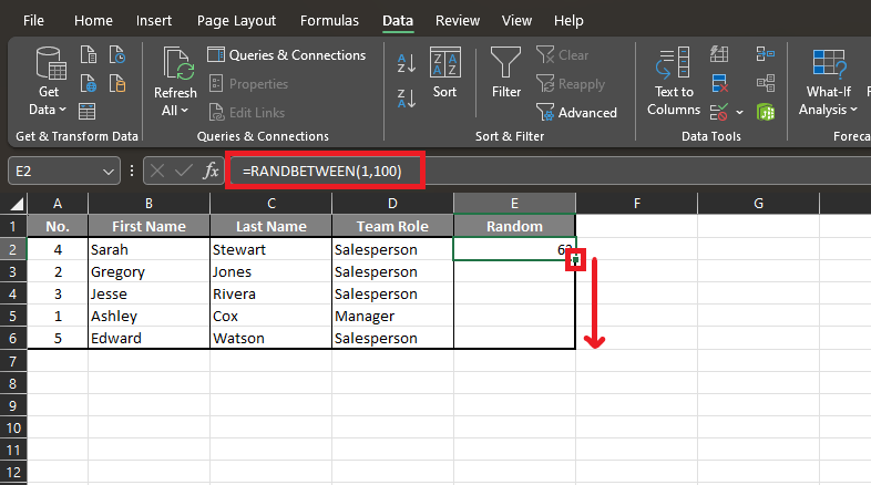 Example of how to use the RANDBETWEEN formula in Excel