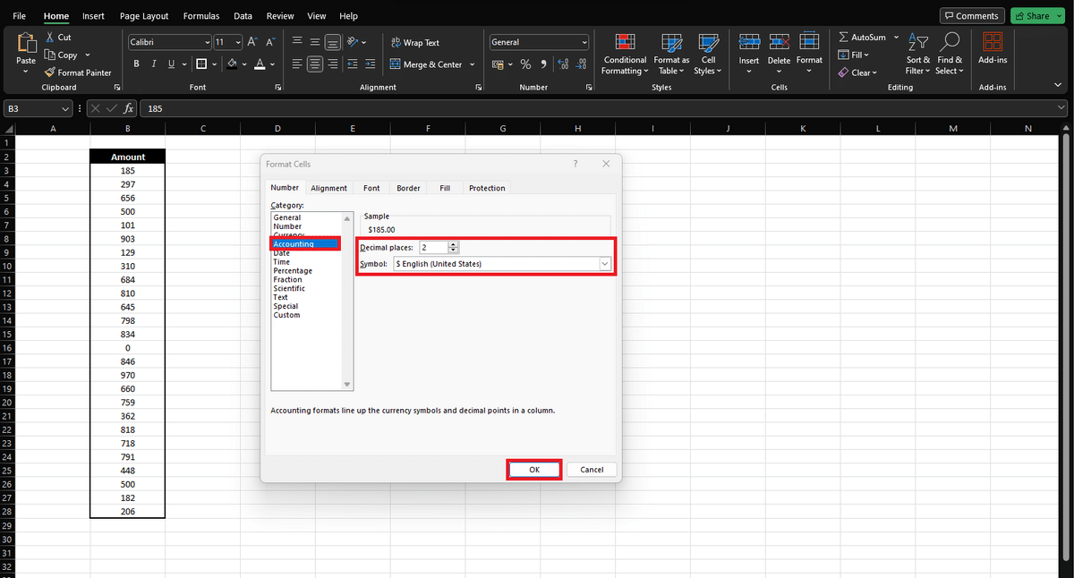 Available options in Excel