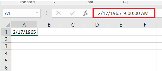 The highlighted cell with the time value in the formula bar next to the date.