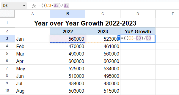 Close the bracket. Add a / and select the cell for the previous year to divide the results with the value for the previous year.