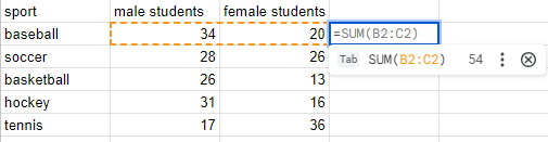 An example of Google Sheets Autocomplete suggesting a formula