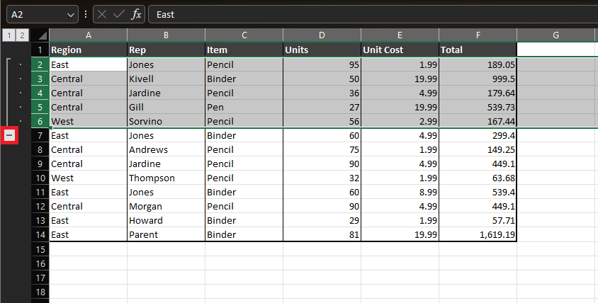 Group option in Excel