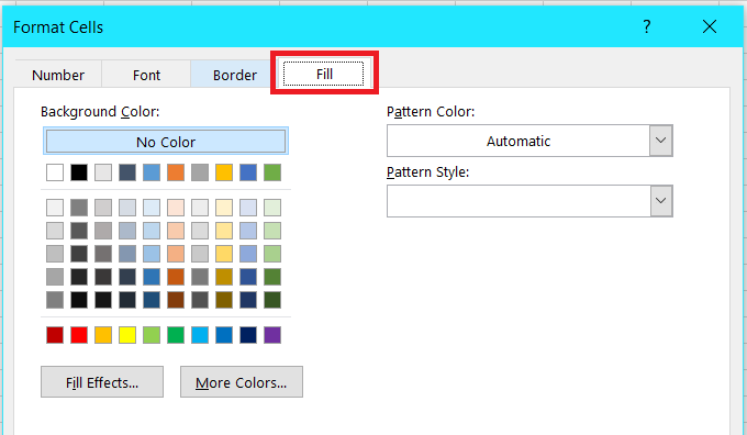 The fill tab for formatting duplicates in Excel