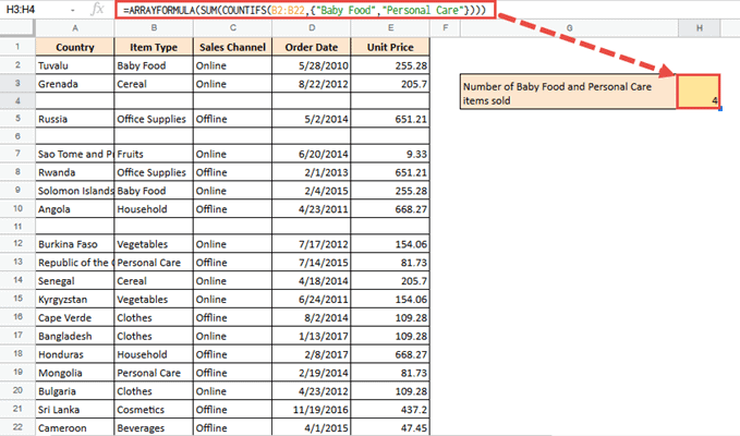 =ARRAYFORMULA(SUM(COUNTIFS(B2:B22,{"Baby Food","Personal Care"})))