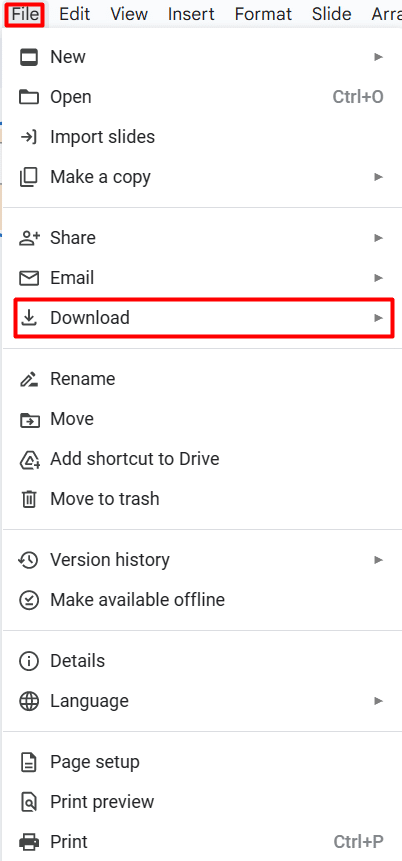 How to download Google Slides—Download option in Google Slides File menu