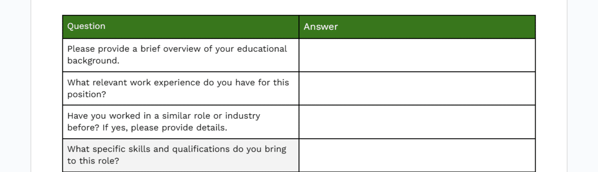 Preview of a questionnaire table