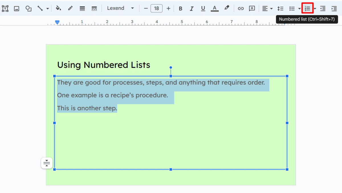 Where to find numbered list option in Google Slides