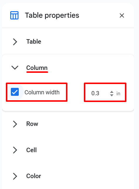 How to adjust the column width of a table in Google Docs