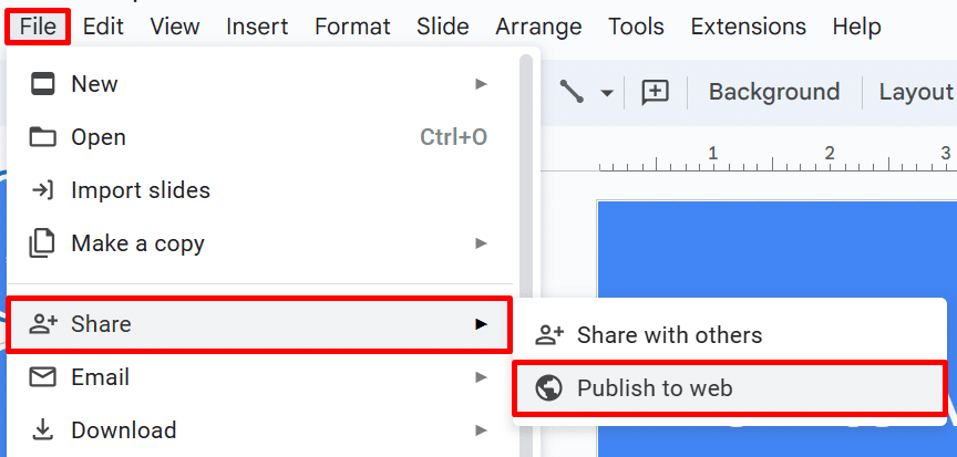 Where to find the "Publish to web" option in Google Slides