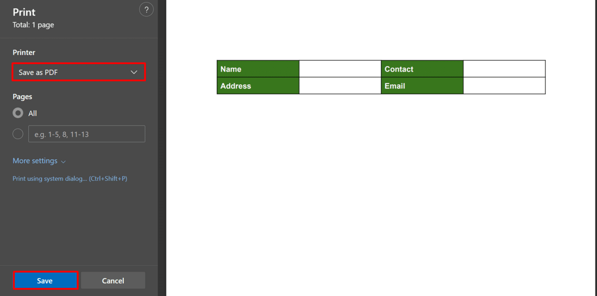 Printing interface in Windows