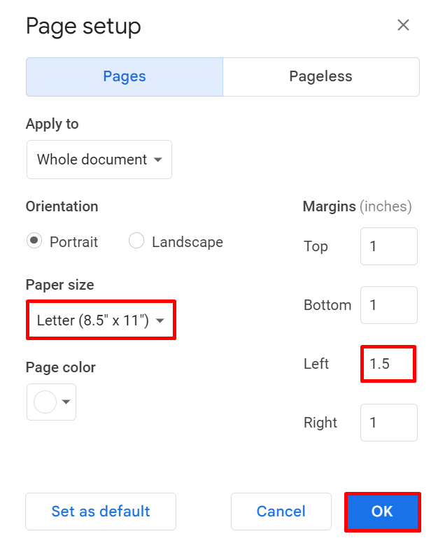 Adjusting page size and margins in Google Docs