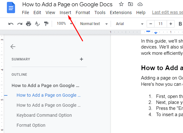 How to add a page on google docs— insert menu bar