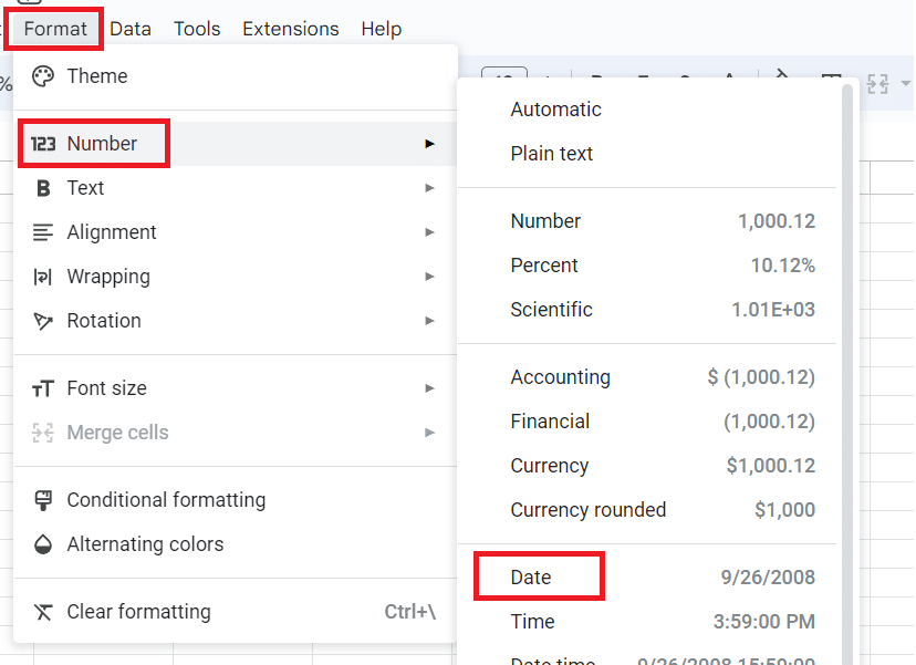 Number and Date dropdown options in Google Sheets.