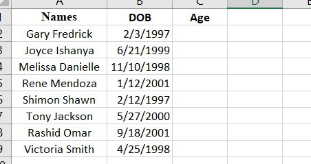 Calculate age in Excel—Example worksheet for the first DATEDIF calculation