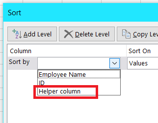 Select helper column in the sort by drop down