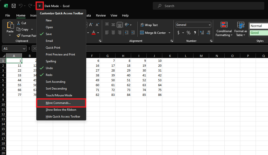 How to add more commands for Excel Dark Mode