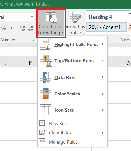 On the Home tab, click the Conditional Formatting drop-down.