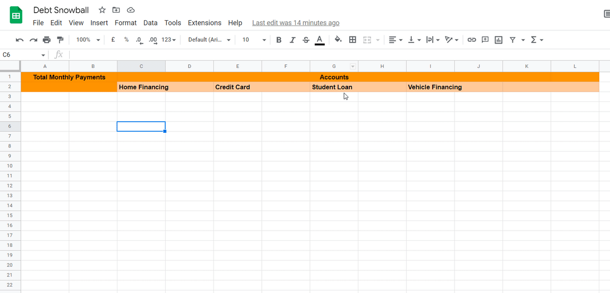 Sample headings for a debt snowball spreadsheet