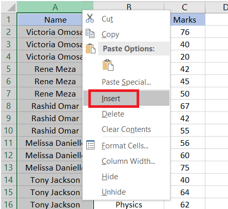 Right click and select insert