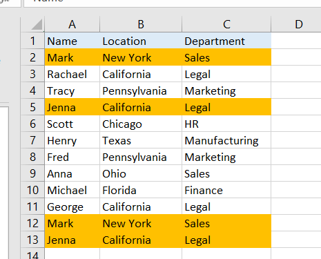 Highlighted rows in Excel from using COUNTIIFS