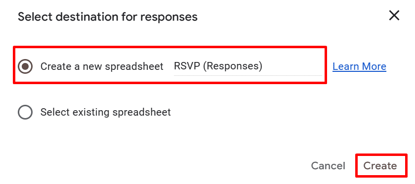 Create new response destination spreadsheet Google Forms