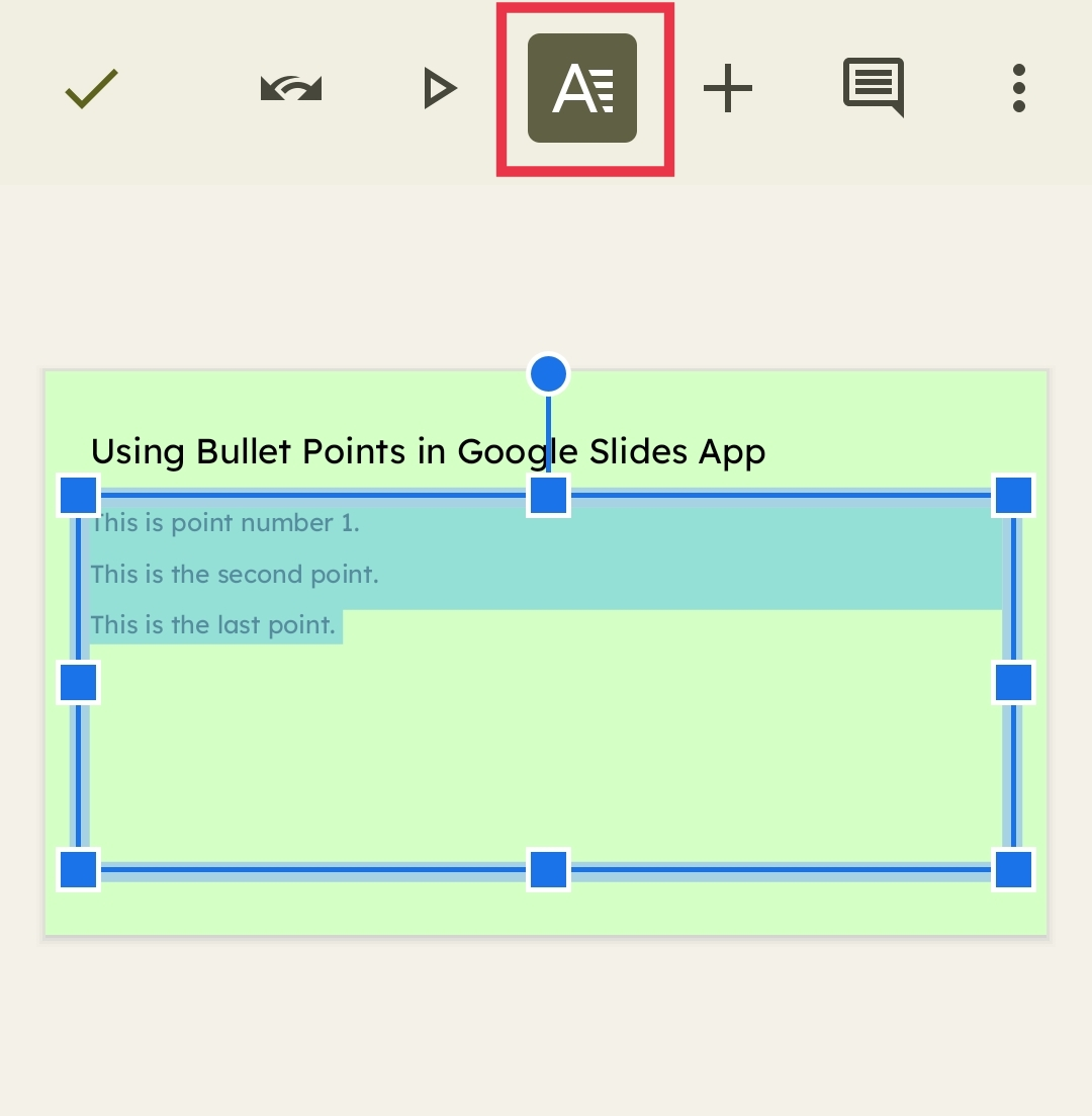 Format option in Google Slides via a mobile device