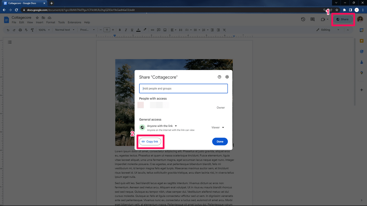 Copy link under Share settings in Google Docs