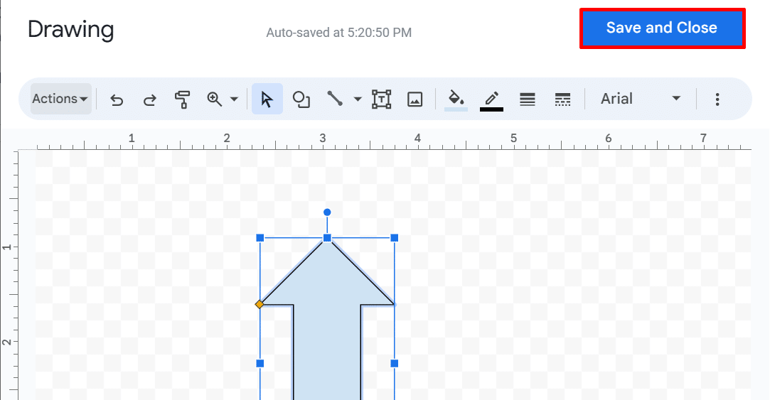 The "Save and Close" button in the Google Docs drawing panel