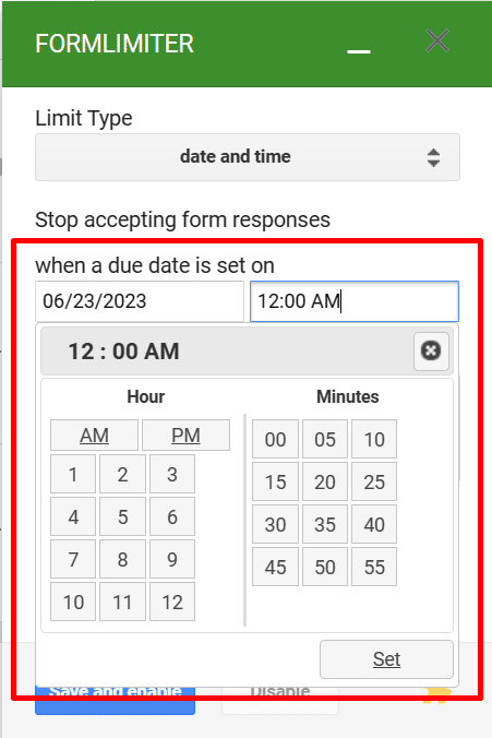 Setting the date and time schedule in formLimiter