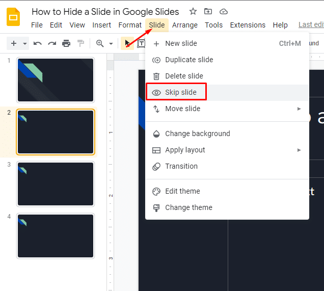 How to hide a slide in Google Slides—where to find skip slide in Google Slides