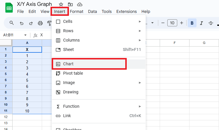 Navigate to Insert > Chart