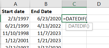 Add the DATEDIF function to the results cell