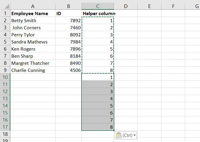 Helper column pasted below the data