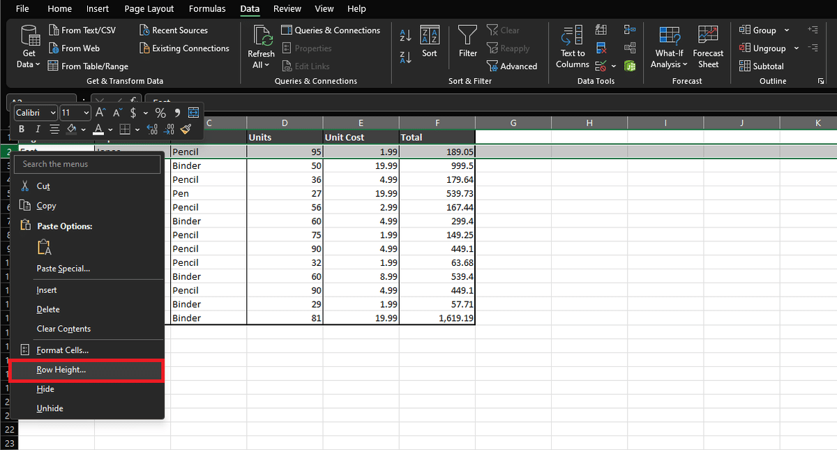 Spreadsheet example with highlighted rows to collapse